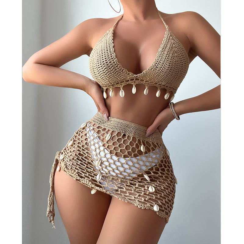 Beach Vacation Hand Crocheting Shell Hollow Out Cutout Sexy Halter Strap Beach Swimsuit Bikini Suit Crochet hook Bella Mia